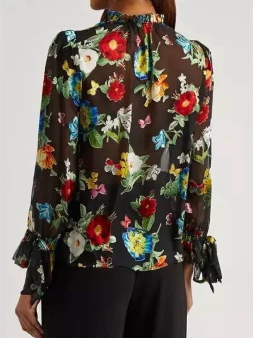 Alice + Olivia Julius Floral Devoré Chiffon Blouse Ruffle Tie Cuff | Size M/8 - Picture 4 of 10